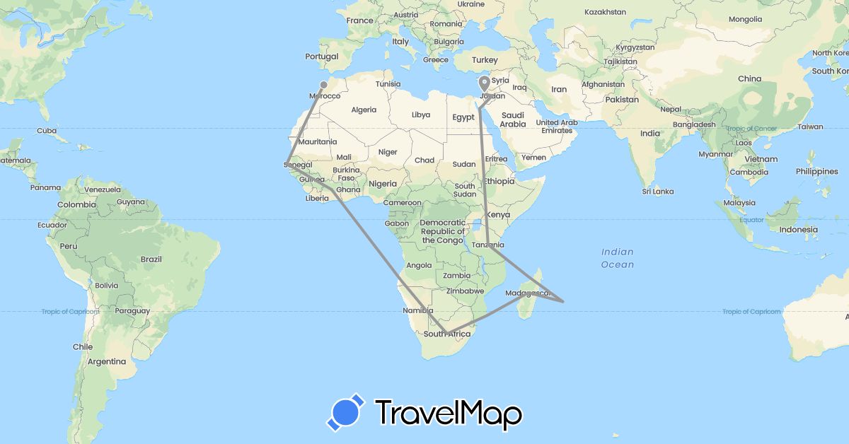 TravelMap itinerary: plane in Côte d'Ivoire, Egypt, France, Israel, Jordan, Morocco, Madagascar, Senegal, Tanzania, South Africa (Africa, Asia, Europe)